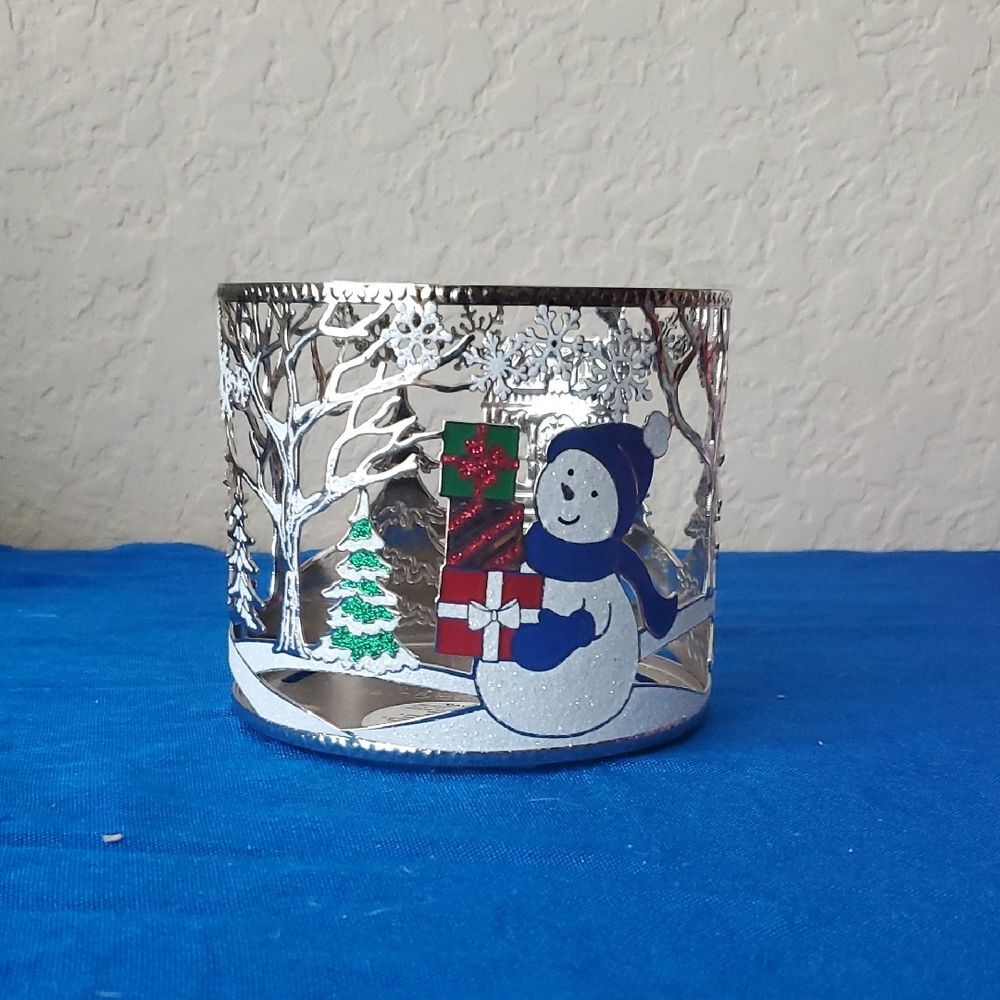 Bath & Body Works Holiday Snowman Scene 3-Wick Candle Holder Metal Sleeve Cutout